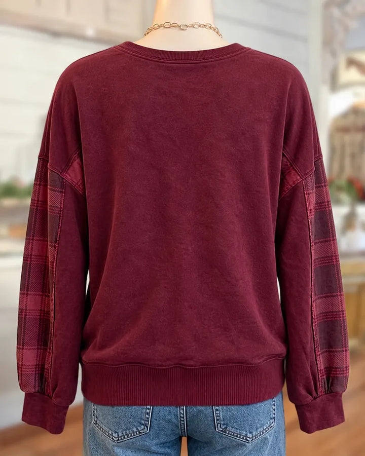 Raw Edge Floral Applique Camo Panel Crew Neck Sweatshirt