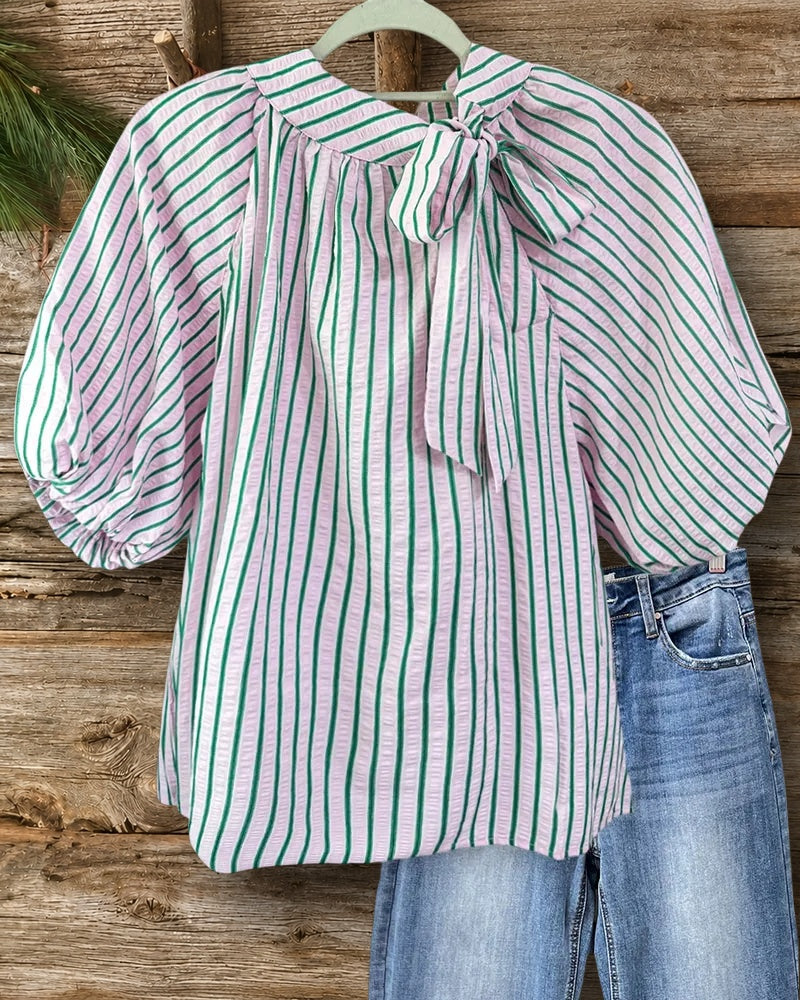 Tie Neck Puff Sleeve Striped Chic Blouse