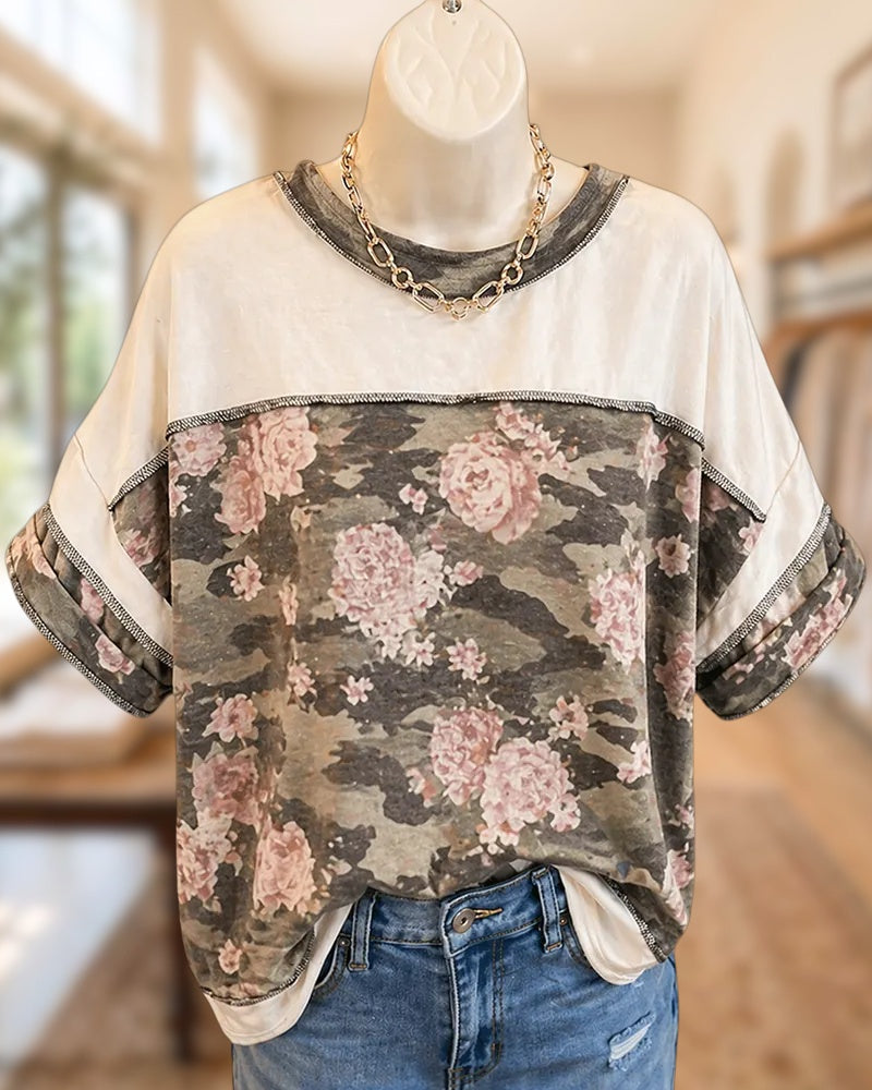 Floral Print Contrast Trim Rolled Sleeve Loose Casual T-shirt