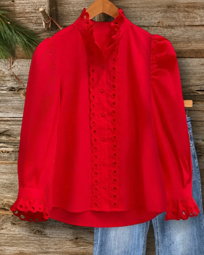 Solid Color Circle Trim Stylish Button Up Blouse