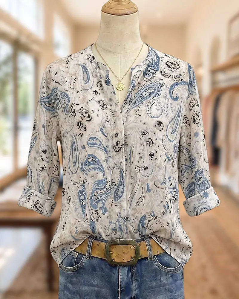 Paisley Print Button Front V Neck Rolled Cuff Bohemian Blouse