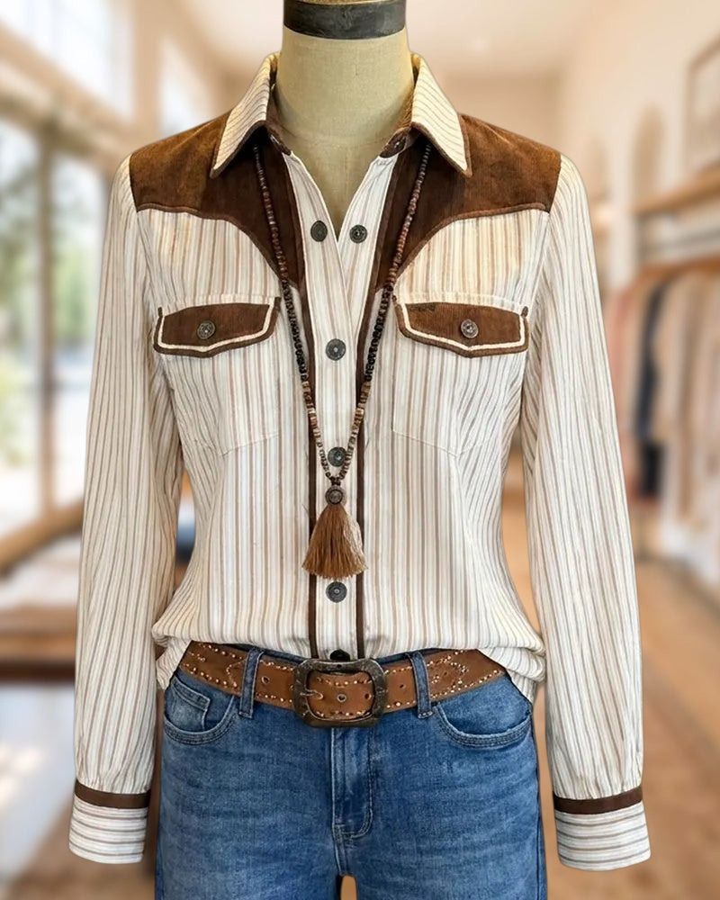 Striped Contrast Corduroy Panel Chest Pocket Long Sleeve Shirt