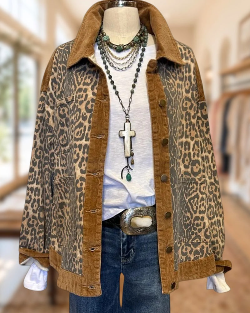 Leopard Print Collared Button Front Patch Pocket Western Jacket