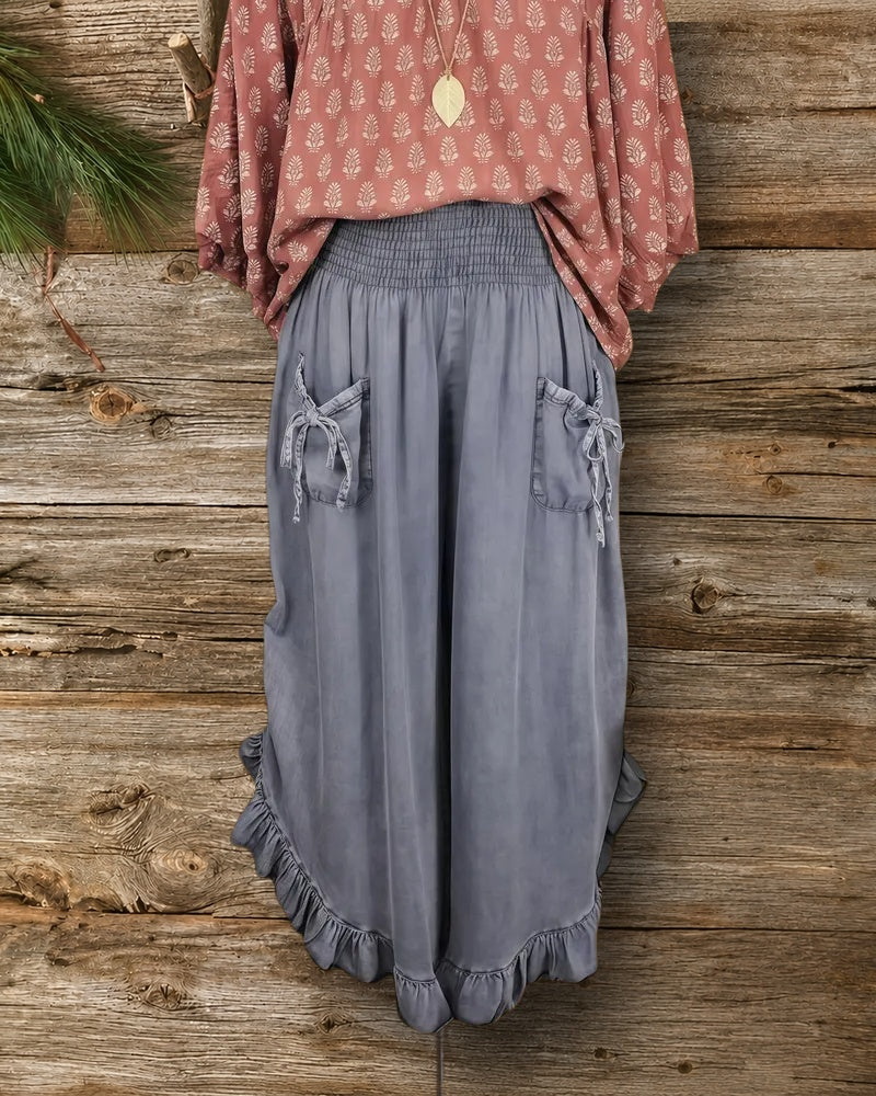 Solid Color Pocket Ruffles Hem Wide Leg Jeans