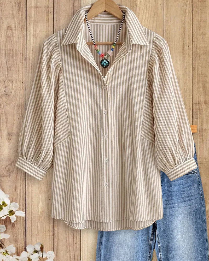 Ruched Shoulder Striped Collared Button Front 3/4 Sleeve Shirt