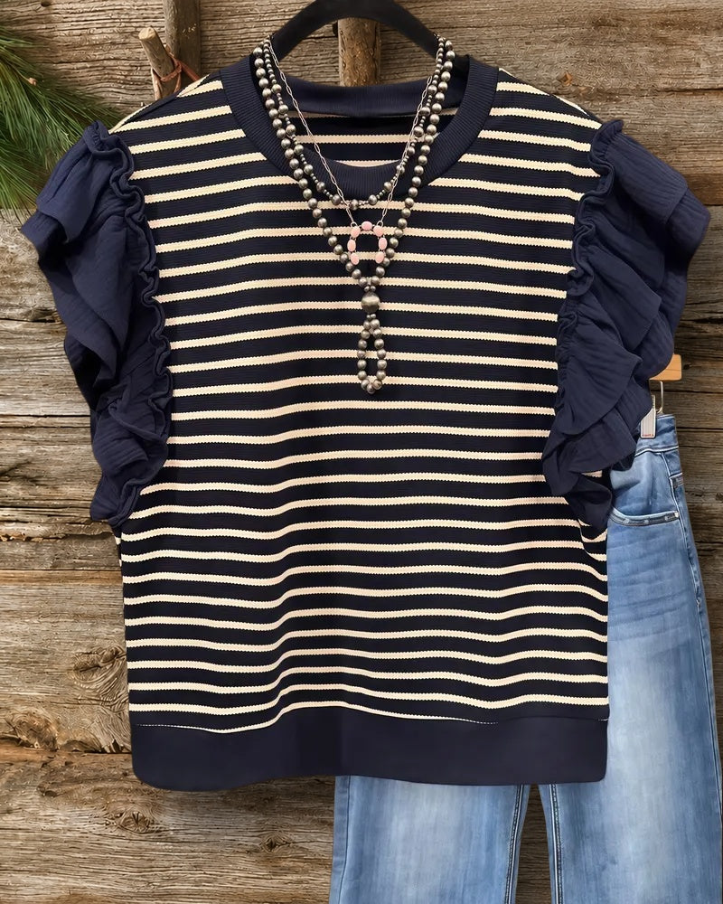 Striped Girly Ruffle Sleeve Round Neck Blouse