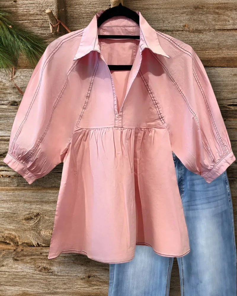 Contrast-Stitch V Neck Casual Babydoll Blouse