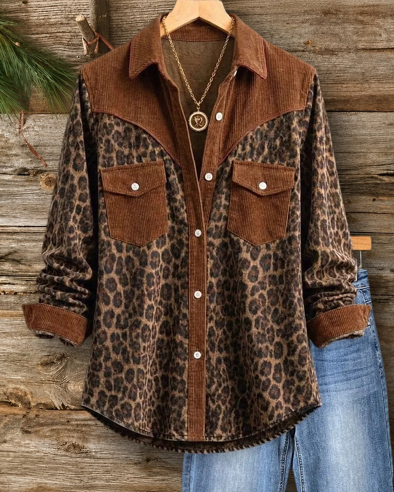 Leopard Print Flap Pocket Button Down Western Casual Shirt