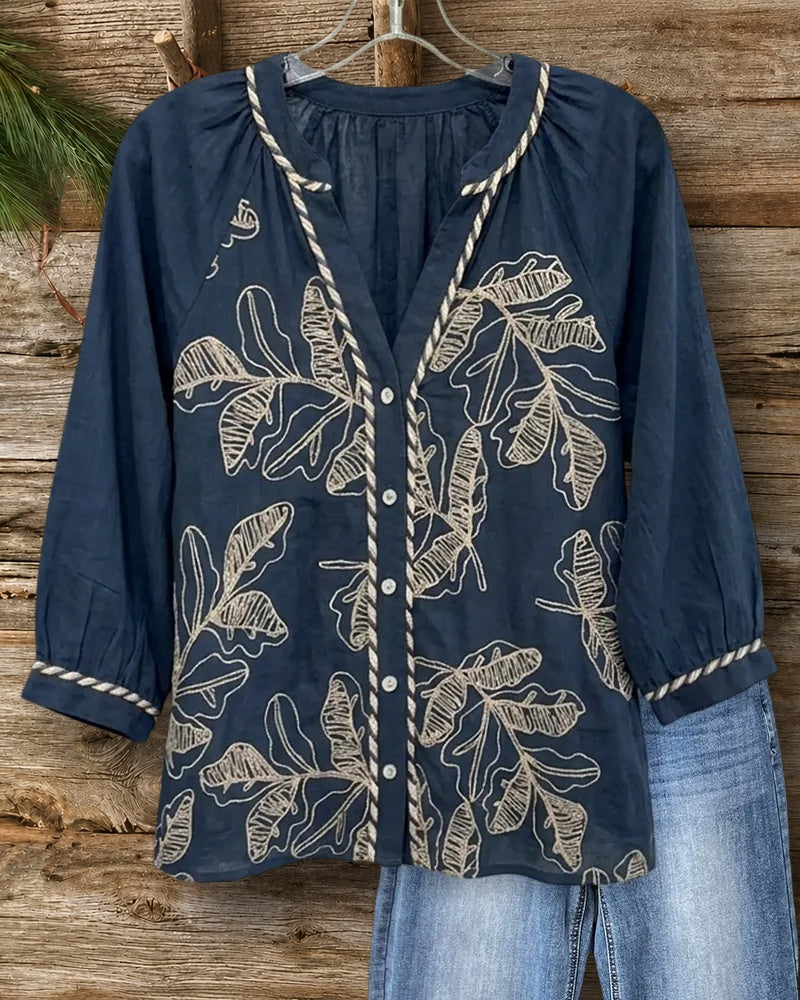 Braided Trim Embroidered Button Front 3/4 Sleeve V Neck Blouse