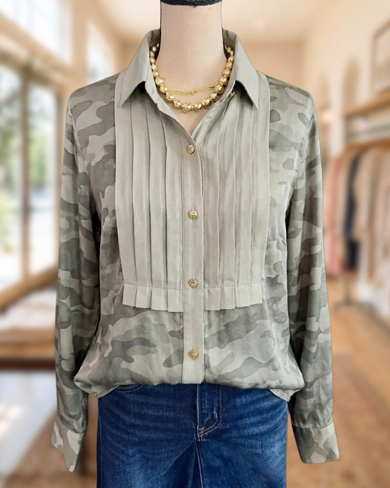 Collared Pleated Front Camouflage Print Button Down Long Sleeve Blouse