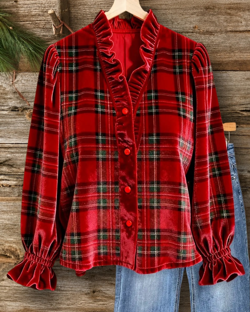 Plaid Velvet Rocking Puff Sleeve Button Up Blouse