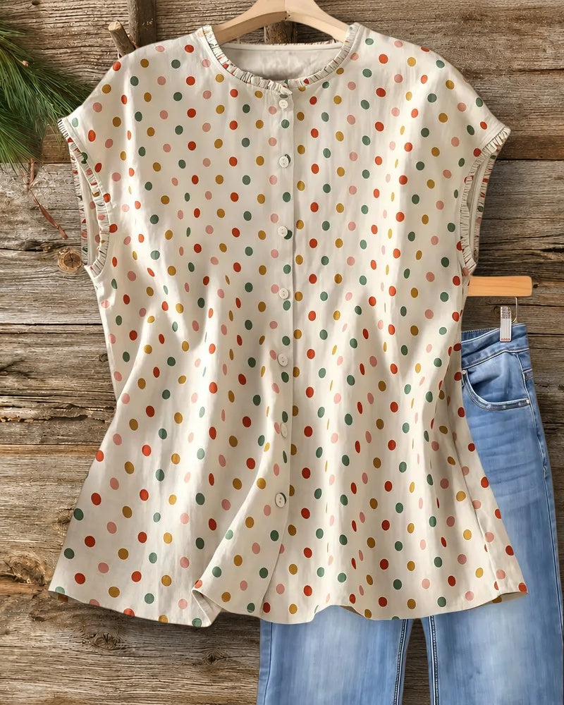 Polka Dot Ruffle Trim Button Front Cap Sleeve Blouse