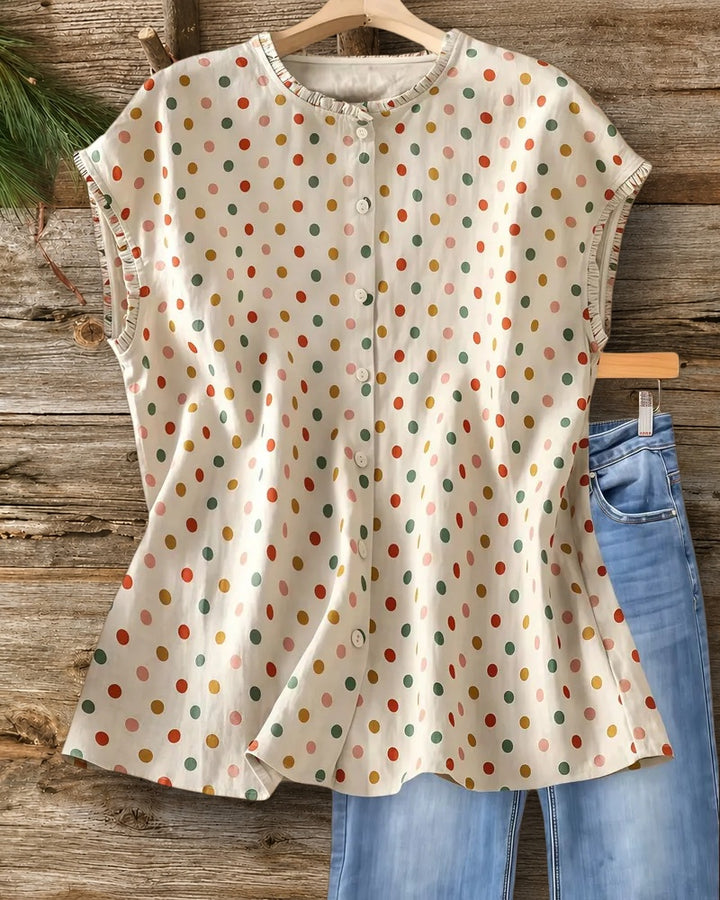 Polka Dot Ruffle Trim Button Front Cap Sleeve Blouse