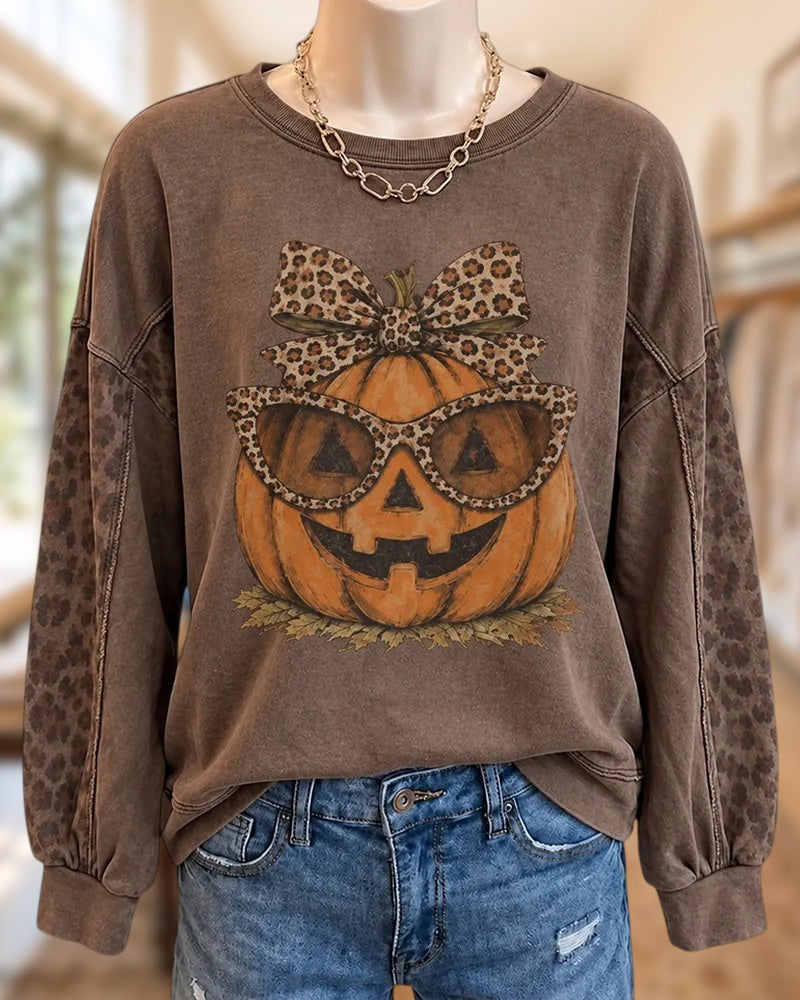 Leopard Accent Pumpkin Graphic Drop Shoulder Crew Neck Sweatshirt