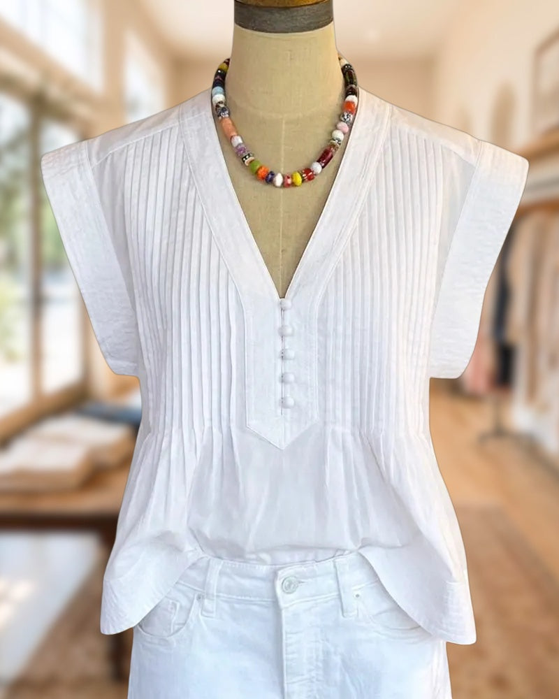V Neck Pintuck Pleat Cap Sleeve Button Front Blouse