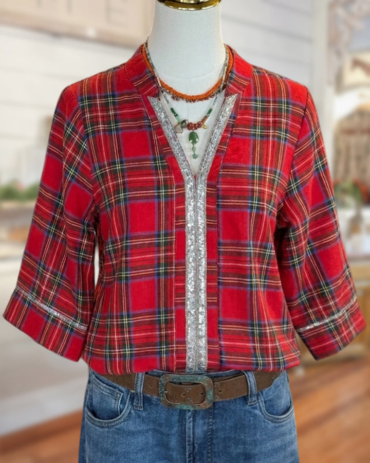 Plaid 3/4 Sleeve Glitter Trim Blouse