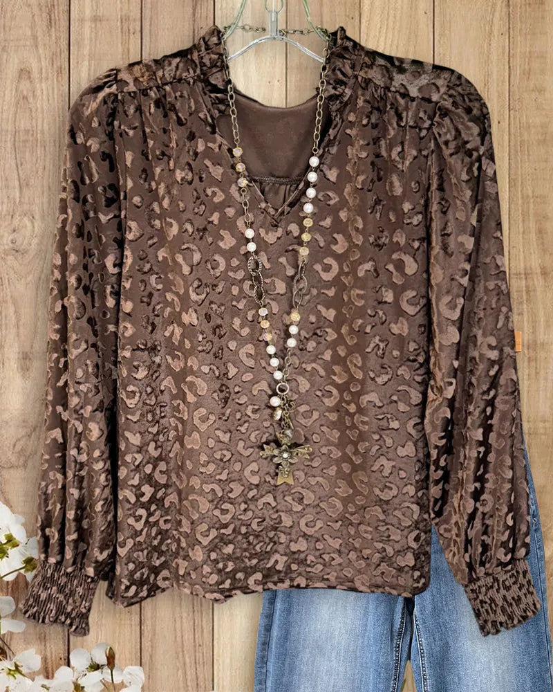Leopard Print Velvet V Neck Long Sleeve Elegant Blouse