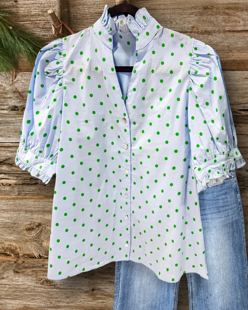 Polka Dot Ruffled V Neck Puff Sleeve Button Front Blouse