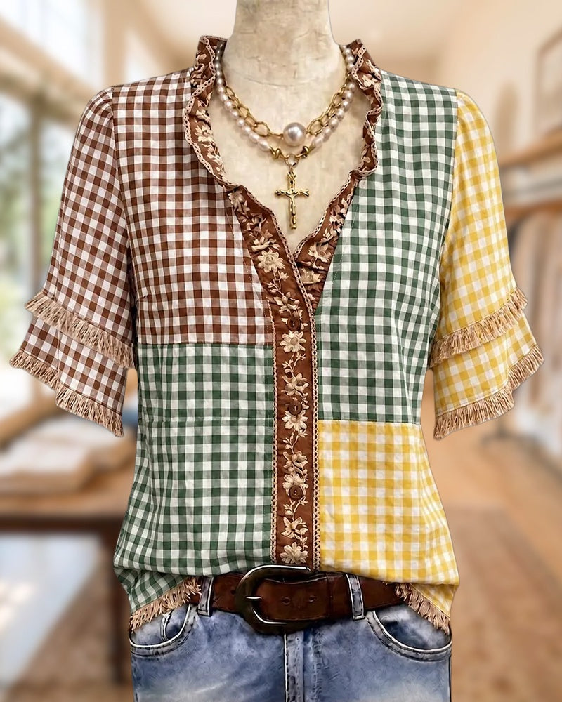 V Neck Tassels Trim Button Blouse