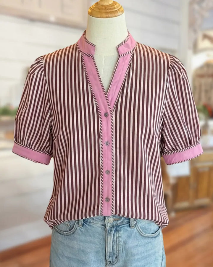 Striped Contrast Trim Puff Sleeve V Neck Button Front Blouse