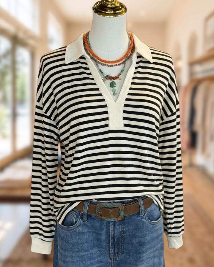 Collared Striped V-Placket Long Sleeve Relaxed Fit Casual Shirt
