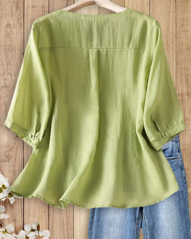 V Neck Floral Embroidery Button Front 3/4 Sleeve Flowy Blouse