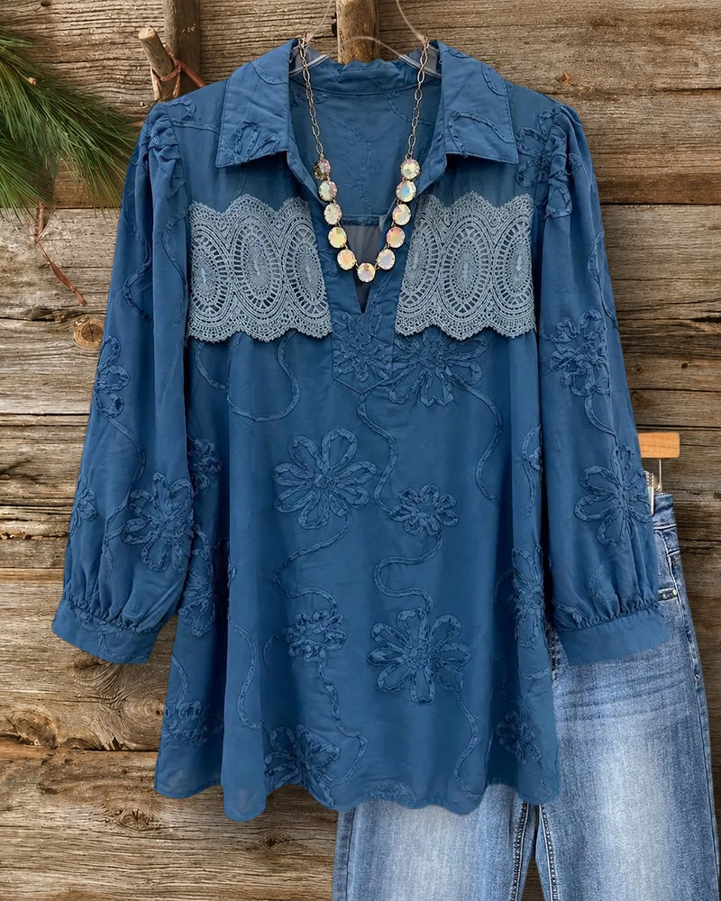 Lace Accent Floral Embroidered Collared 3/4 Sleeve Elegant Blouse