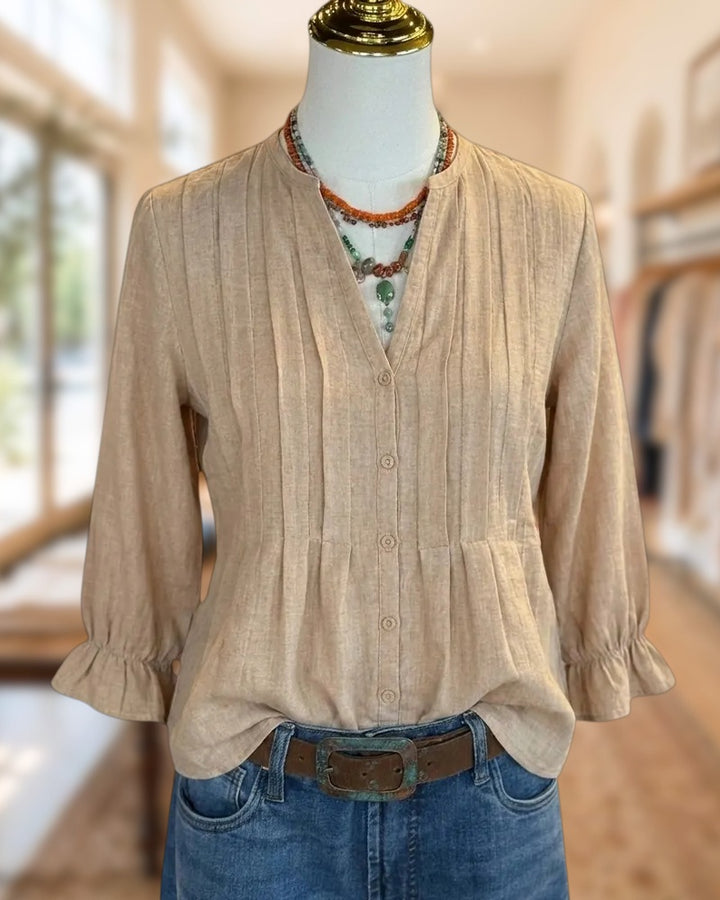 Pintuck Pleat V Neck Ruffle Cuff Relaxed Fit Blouse