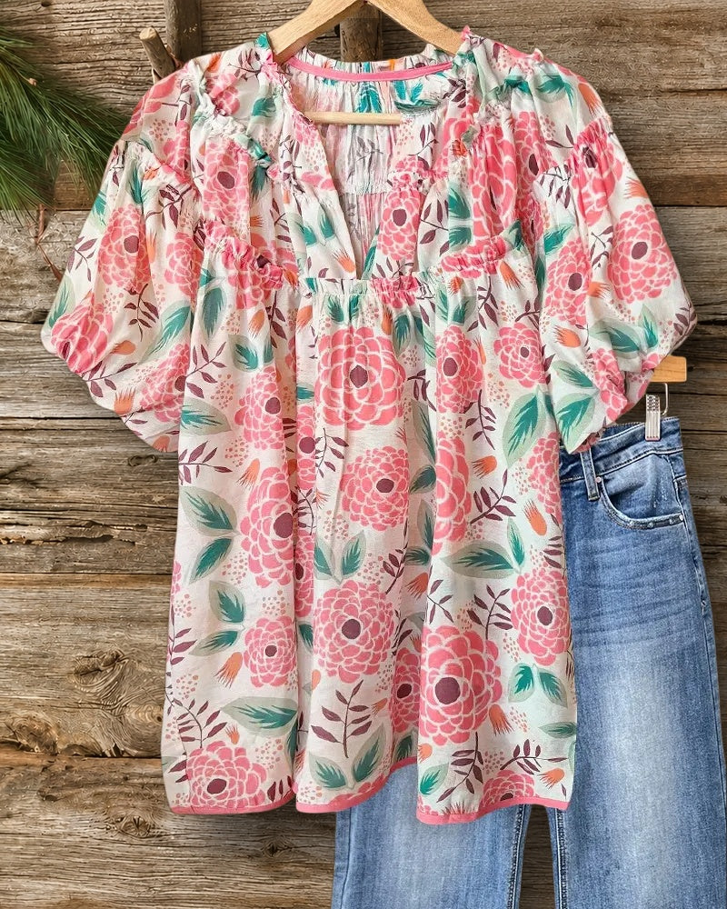 Floral Print Rocking Puff Sleeve V Neck Blouse