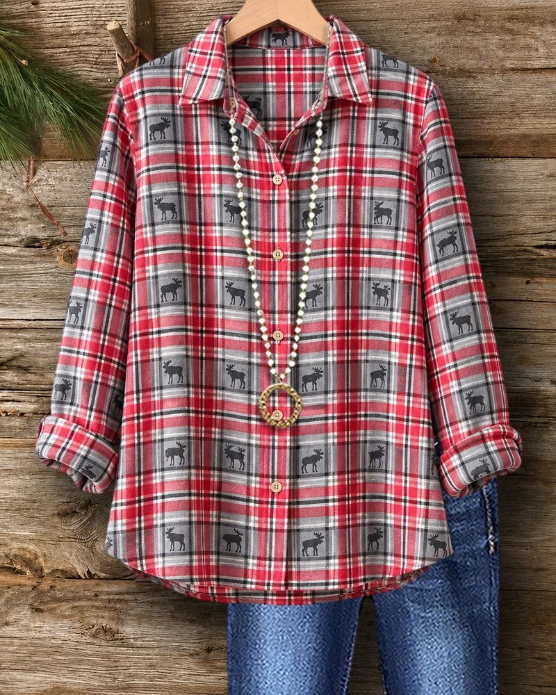 Plaid Moose Print Button Front Collared Long Sleeve Shirt