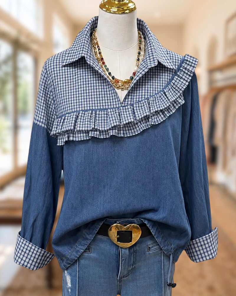 Ruffle Trim Plaid Patchwork Collared Long Sleeve On-trend Shirt