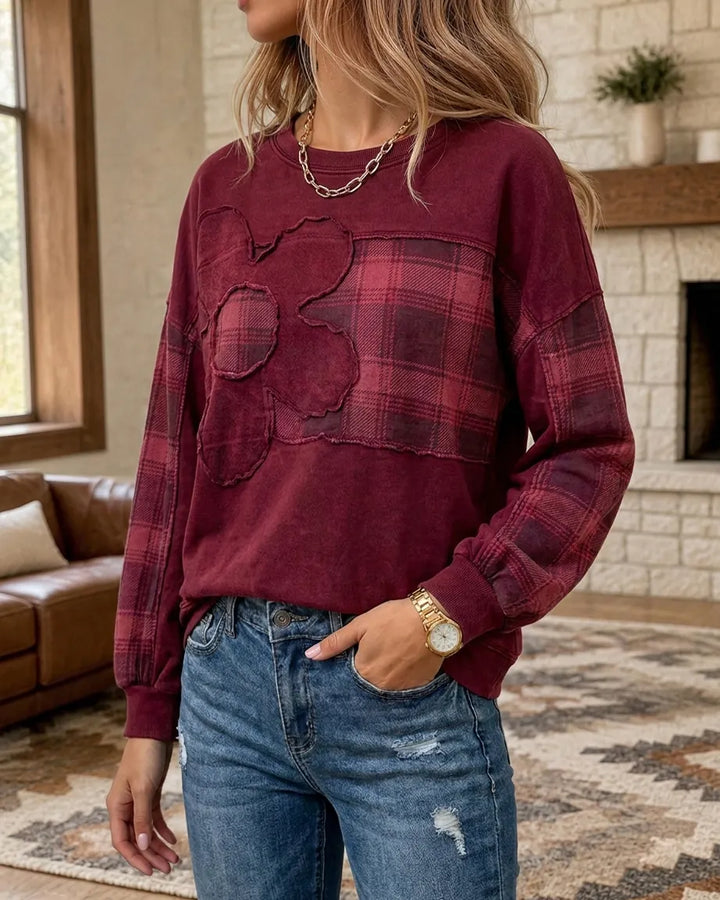 Raw Edge Floral Applique Camo Panel Crew Neck Sweatshirt