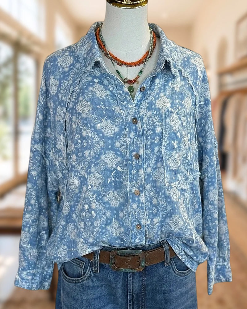 Paisley Print Button Front Raw Edge Long Sleeve Shirt