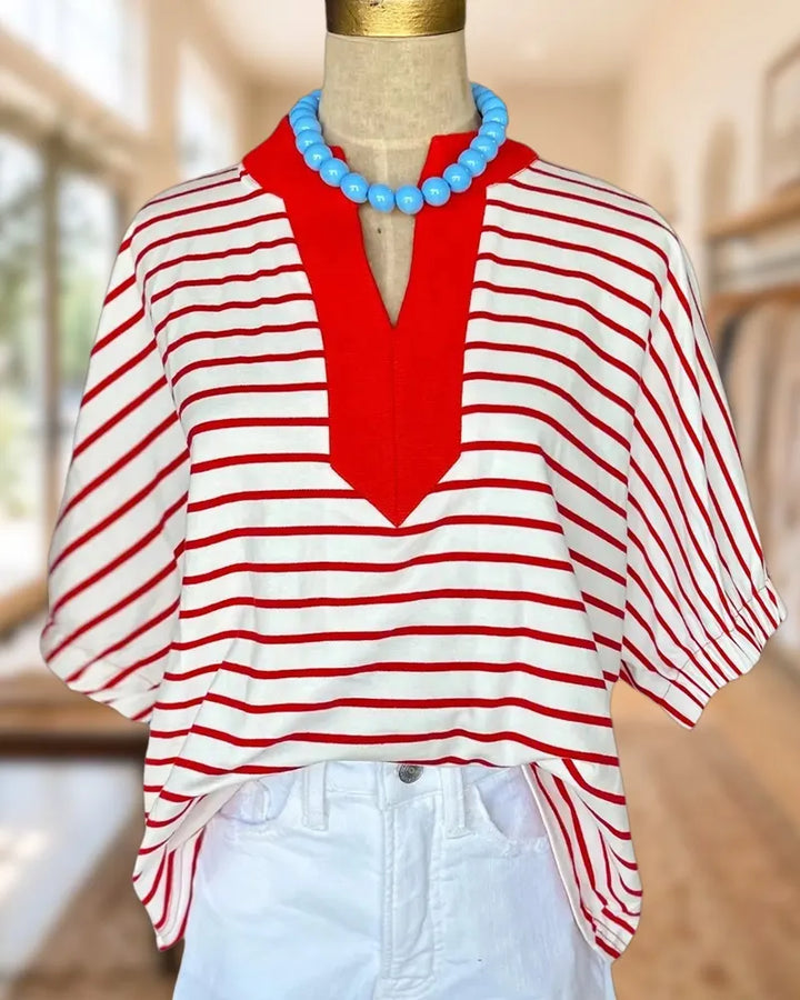 Striped Contrast V Neck Batwing Sleeve Loose Casual Blouse