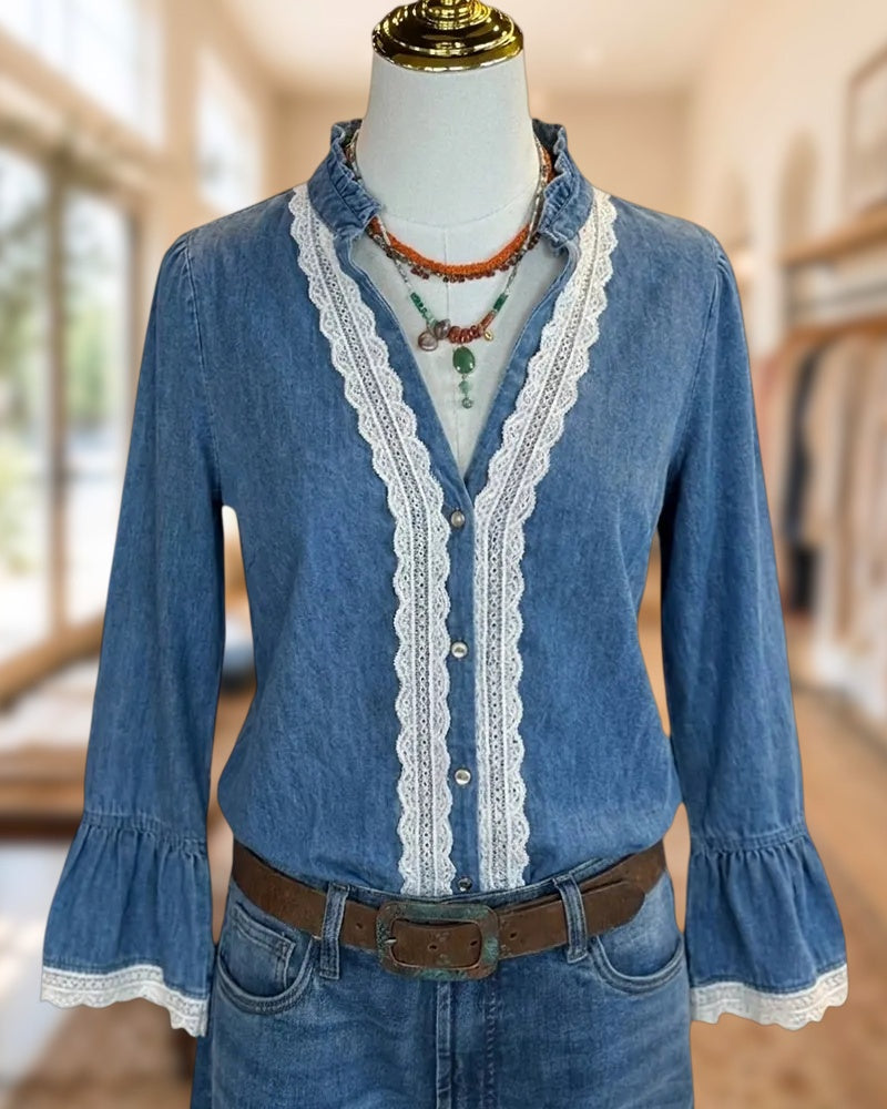 Lace Trim Flare Sleeve Button Blouse