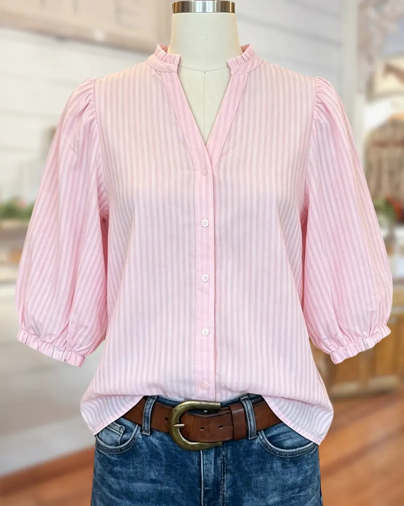Striped V Neck Puff Sleeve High Low Loose Casual Blouse