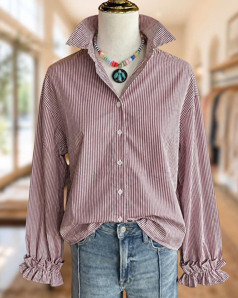 Striped Collared Button Front Ruffle Cuff Charming Shirt