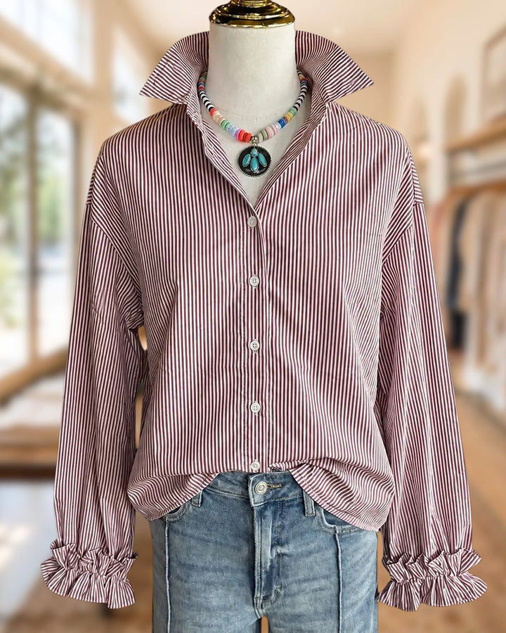 Striped Collared Button Front Ruffle Cuff Charming Shirt