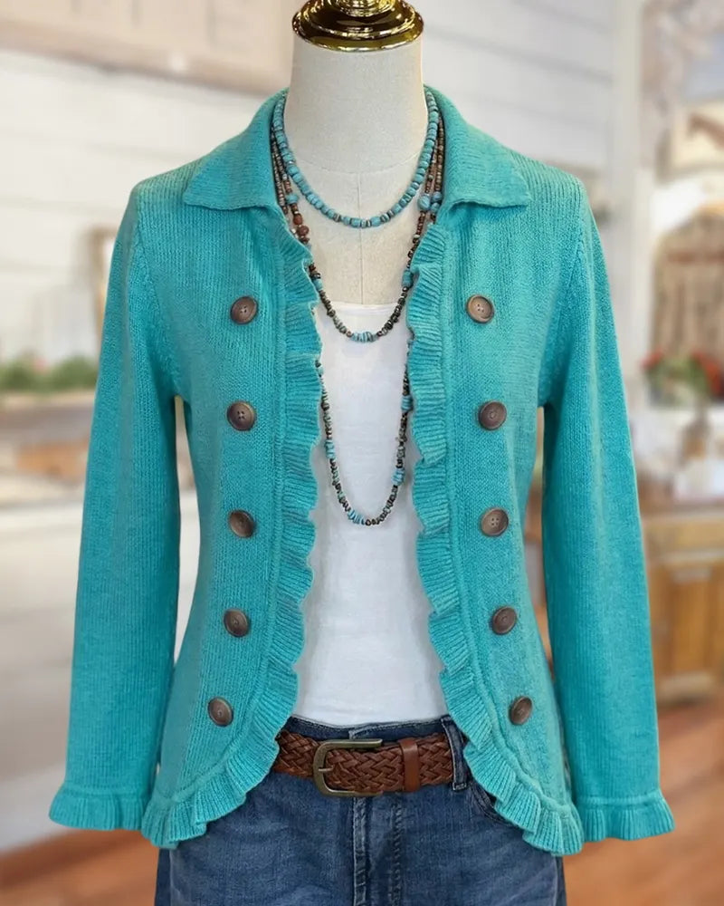 Ruffle Trim Double Breasted Collared Long Sleeve Knit Cardigan