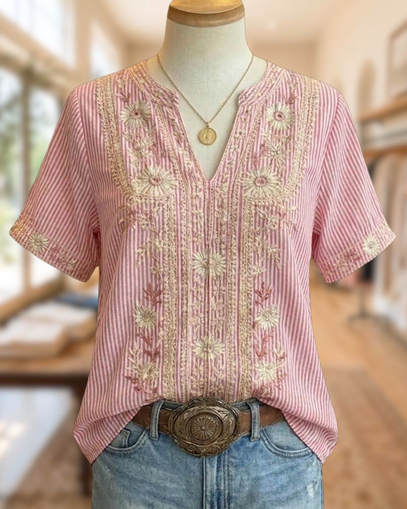 Striped Embroidered V Neck Short Sleeve Relaxed Fit Blouse