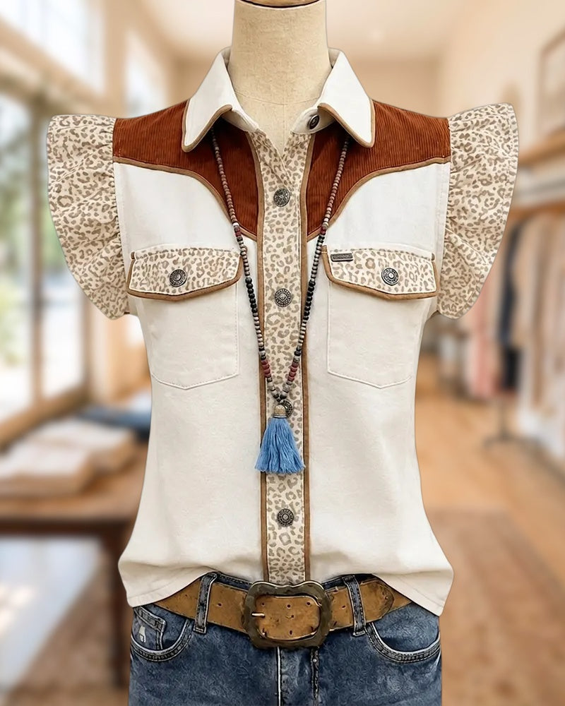 Leopard Trim Flutter Sleeve Button Up Flap Pocket Western Shirt