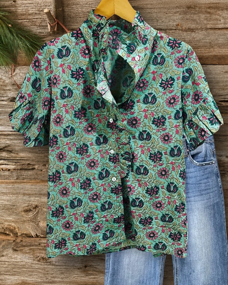 Floral Print Elegant Ruffles Trim Button Blouse