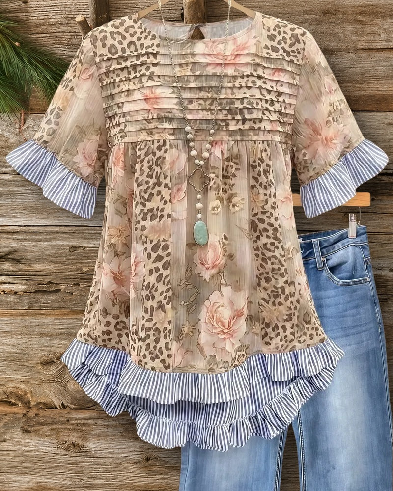 Leopard & Floral Print Wild Ruffles Trim Babydoll Blouse