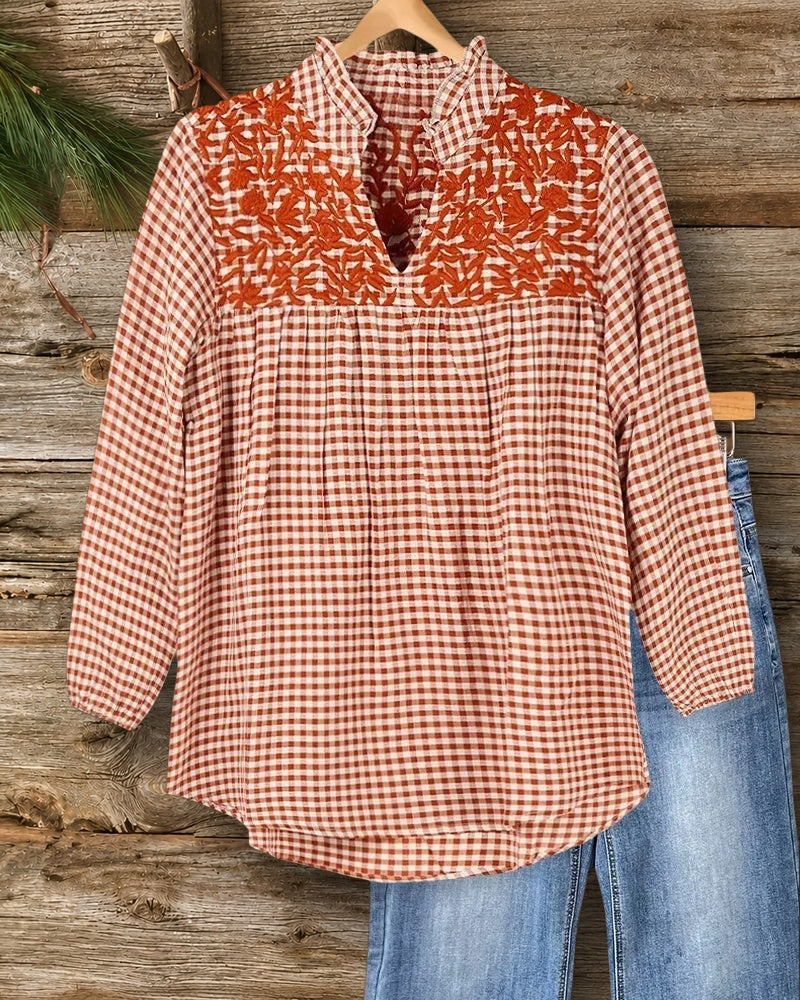 Floral Embroidery Gingham Cute Lantern Sleeve Blouse