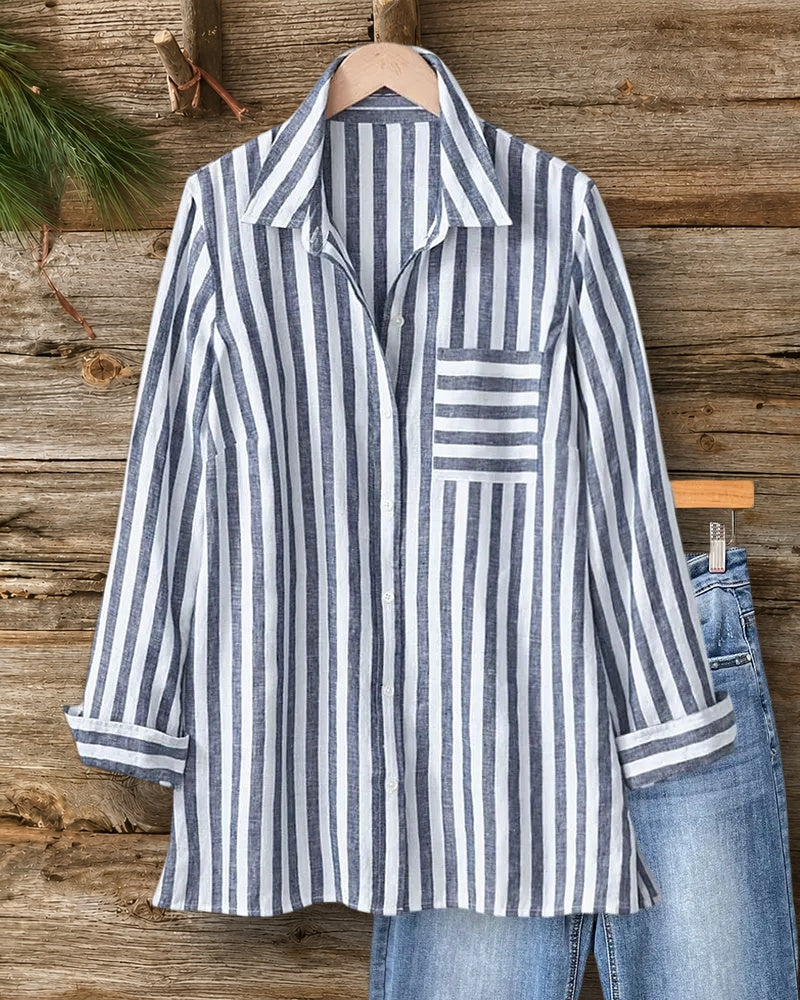 Striped Collared Long Sleeve Casual Shirt With Chest Pocket