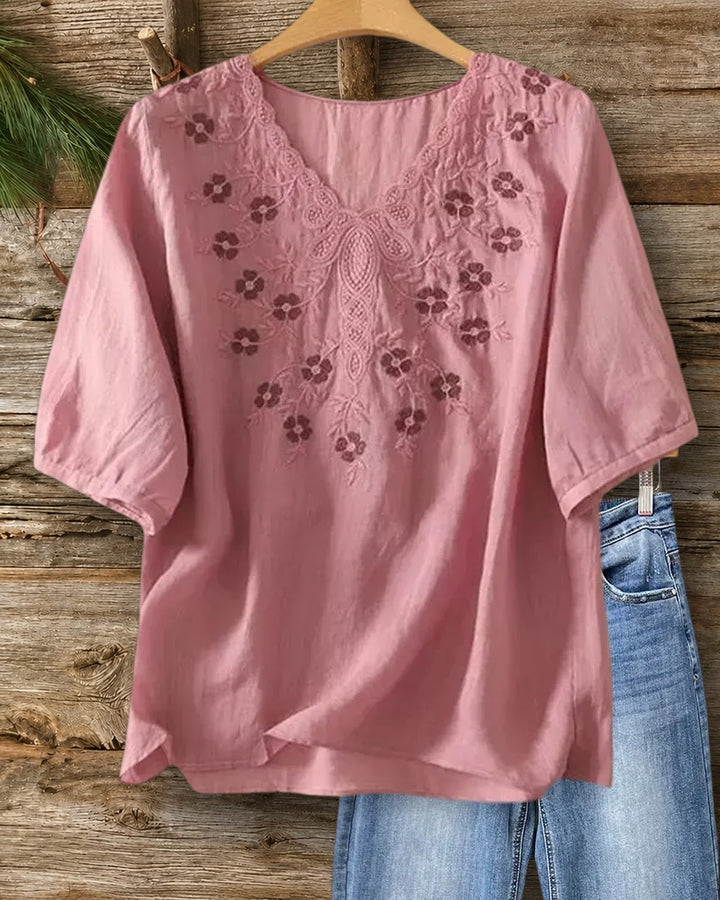 V Neck Floral Embroidered Half Sleeve High Low Hem Blouse