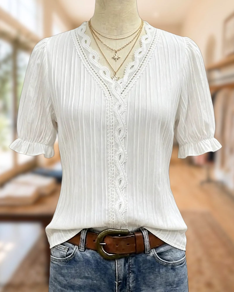 Lace Trim V Neck Puff Sleeve Ruffle Cuff Textured Blouse