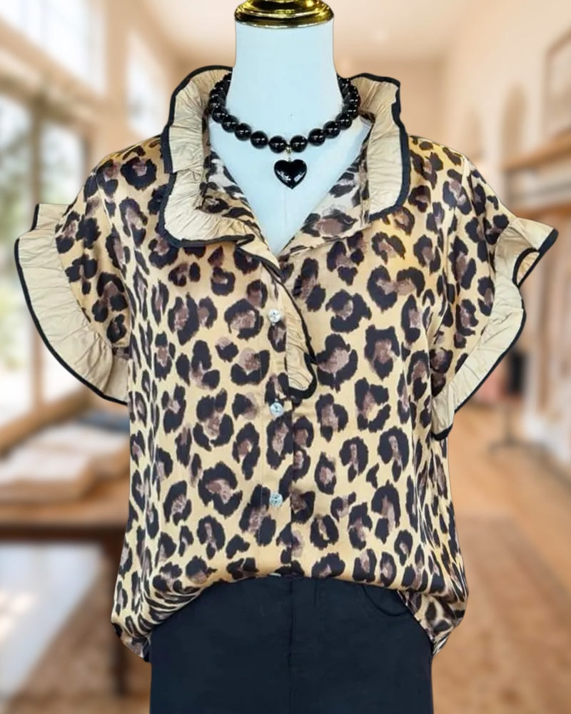 Ruffle Trim Leopard Print Button Front Chic Blouse