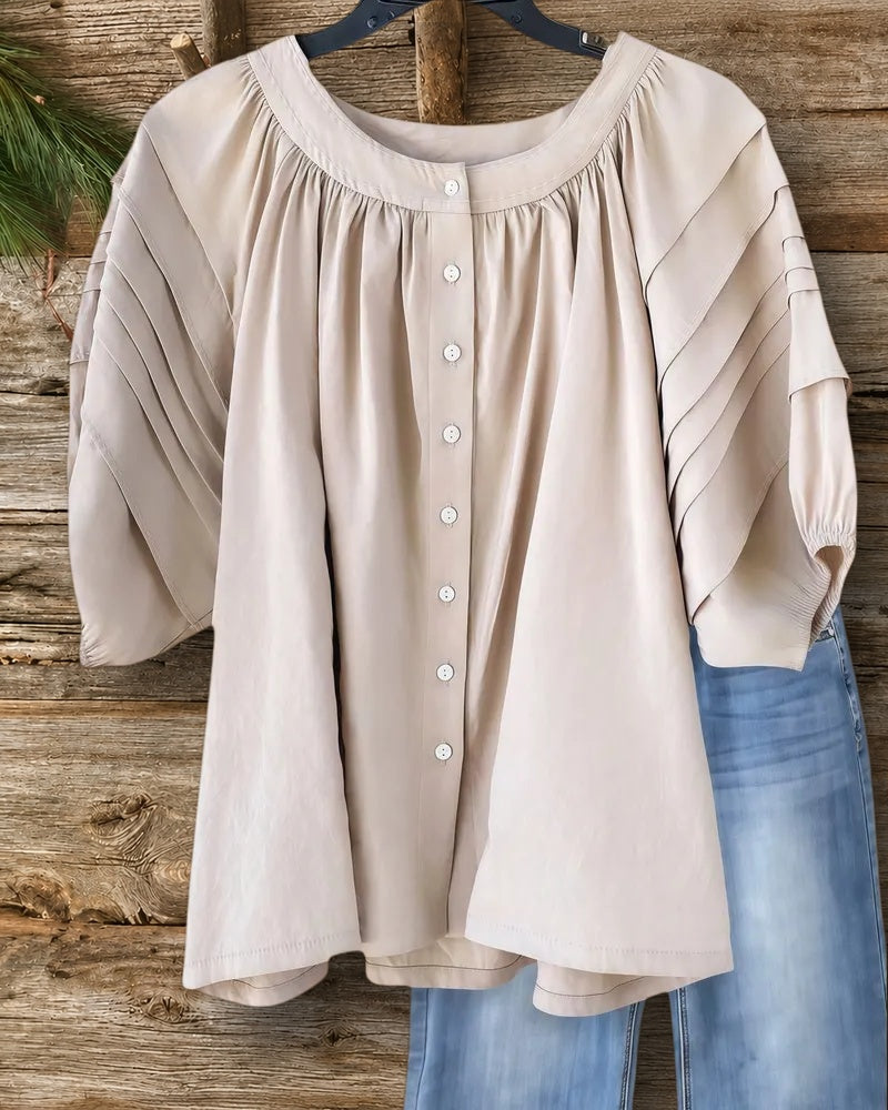 Solid Color Pleated Detail Smart Button Blouse
