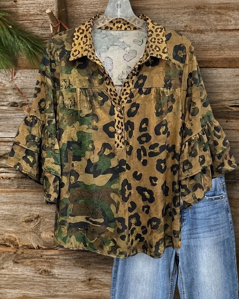 Mixed Print Collared Flare Sleeve Button Placket Casual Blouse